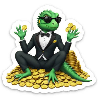 capitalist iguana banker in tuxedo and black sunglasses lying comfortly on coins sticker