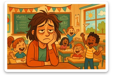 digital cartoon art of a exhausted teacher in a bustling classroom sticker