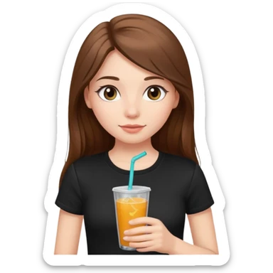 girl with long brown hair, rosey cheeks, long eyelashes dressed with a black thight tshirt and a drink in her hand sticker
