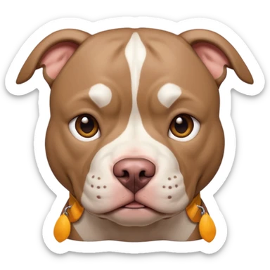 Large taupe colored pit bull with an adorable face sticker