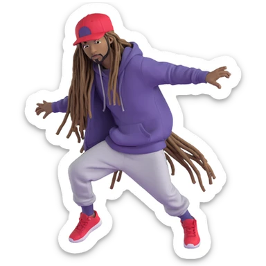 hip-hop artist with dark skin, long dreadlocks, wearing hoodie and cap, energetic pose sticker