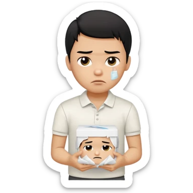 generate a pretty bratz boy with black hair, wearing a white polo shirt. Looking sad, holding a box of tissues sticker