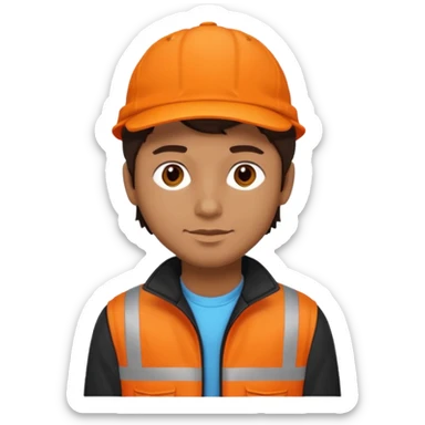 Kindly Keyin (male) with dark brown hair, orange cap and shirt, black jacket sticker