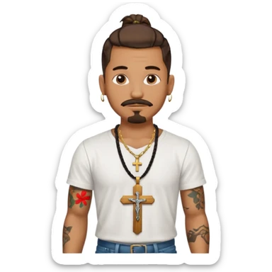 Deci creează mi un emoticon cu un băiat mai creol care are doar o coadă are cercel intr o ureche are tatuaje și barba cioc și mustața și are lanț la gât cu cruce vreau să fie cu totul cu tot cu corp și cercel vreau să aibă doar intr o ureche nu în ambele  sticker