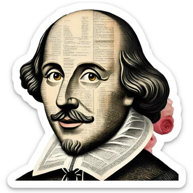 Shakespeare made of newspaper cuttings wearing flowers,  collage of intricate patterns, roses flowers sticker