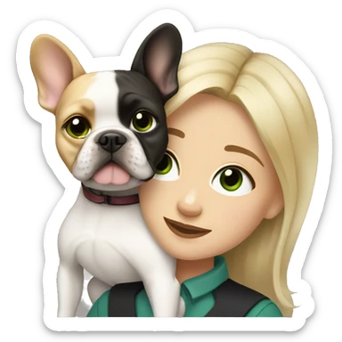 A blonde girl with green eyes with a square hugs a French bulldog with brown eyes and dark gray fur sticker