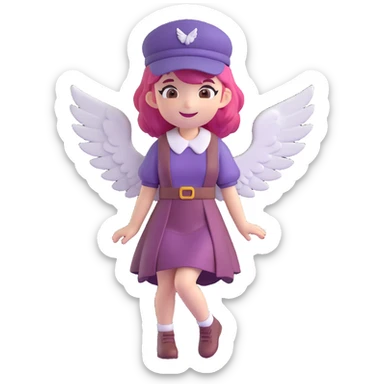 cute anime girl with pink hair, wearing a maroon dress and hat with white details, large white wings with purple accents, smiling, 3D emoji style sticker