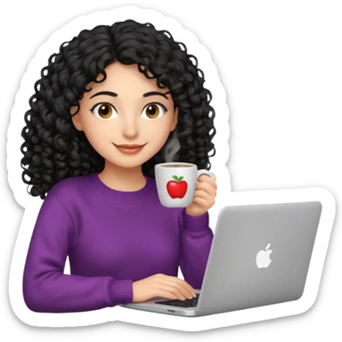 young Persian woman, 20 years old, black curly hair, wearing a sweater, drinking coffee and working on a laptop, smiling, 3D Apple emoji style sticker
