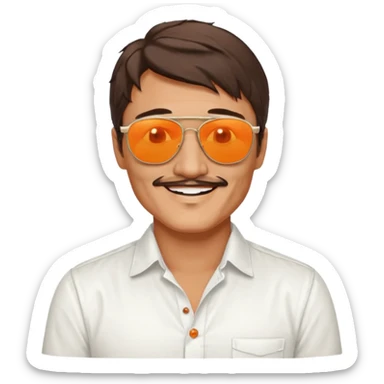 Pedro pascal looking really steamy and sexy smiling in an opened white button down shirt with shady orange glasses sticker