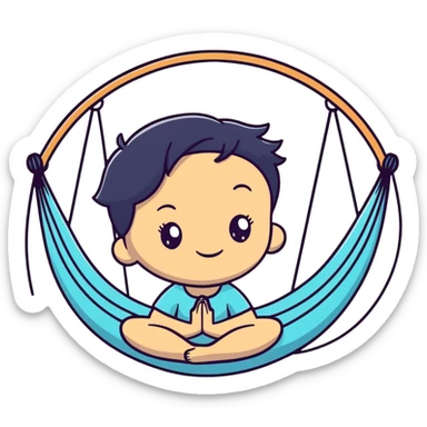 cartoon emoji of a quirky girl with short hair, strong outline, expressive face, vibrant accents, subtle Aquarius accent, silly expression, hint of yoga hammock, stars, playful and original sticker