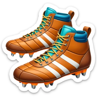 Cinematic Realistic image of a pair of rugby boots, showcasing sturdy leather construction, detailed cleat patterns and textured surfaces, illuminated by vibrant outdoor lighting that captures their athletic purpose sticker