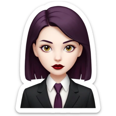 {
      "type": "human",
      "look": "femal modern vampire, slick hairstyle, dark suit, loosened tie",
      "description": "a modern vampire with a slick hairstyle in a dark suit and loosened tie"
    } sticker