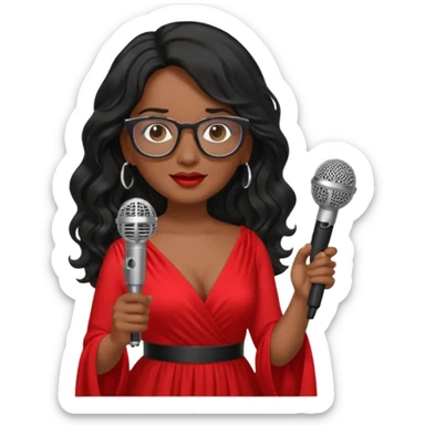 singer, Middle age, long wavy black hair, brown skin, wearing dress, holding mic, glasses sticker