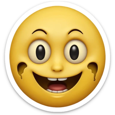 A horror-style emoji face, round yellow emoji shape, distorted facial expression, dark hollow eyes, creepy smile, cracked surface, unsettling mood, high detail, 3D render
 sticker