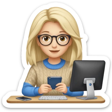 ragazza bionda sorridente con capelli molto lunghi, con occhiali tartarugati, occhi azzurri, con maglione beige, seduti alla scrivania che lavora al pc sticker