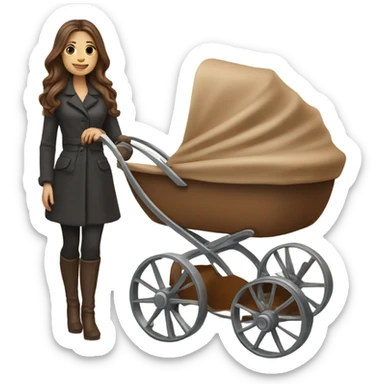 slavic beautiful mother with brown hair. next to caramel baby carriage sticker