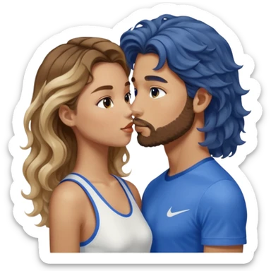 A girl with very long  balayage brown & blond curls kissing a boy with brown hair and a short beard. She wears a very elegant dress in white and he wears a blue sports shirt from nike sticker