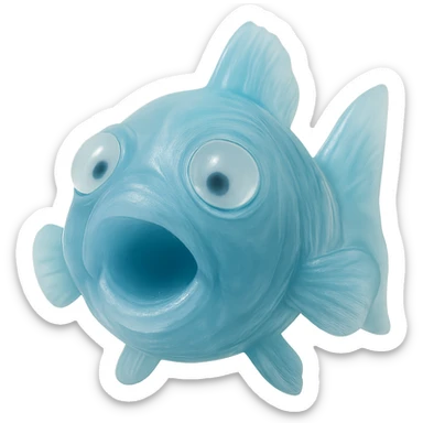 Make the fish even more transparent, with eyes going in different directions, keeping the clear bright blue color, hyper-detailed soft plastic 90's toy look, soft reflections, soft and squishy, some cloudiness, not shiny, hyper-realistic, retro, highly detailed, appealing. Remove the background. sticker
