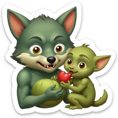 A little wolf sucking on the nipple of a little goblin  sticker
