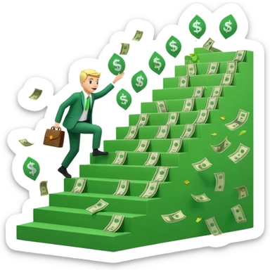 Emoji-style 3D illustration of a person climbing stairs made of money labeled “$10K” and “$20K”, with confetti and upward green arrows, bright optimistic lighting sticker