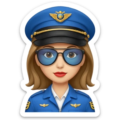pilote d'avion femme cheveux brun clair avec sunglasses noires et chapeau de pilote et uniforme bleu sticker