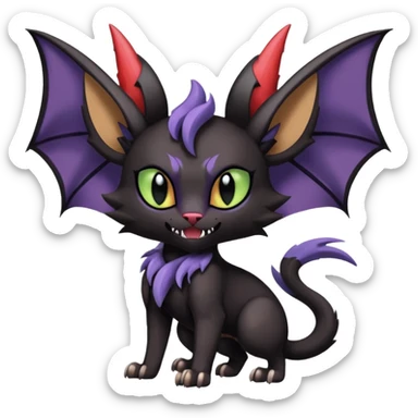 dark spooky badass cool shiny glossy smooth soft Black edgy Noivern-Noibat-Purloin-Torracat-Lykoi-Caracal-cat-Fakemon-fusion-hybrid-creature with bat wings on head as ears, big fangs, gothic markings sticker