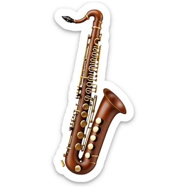 Create an elegant and precise emoji representing the Marigaux oboe. The design should feature the long, slender body of the oboe, with its distinctive keys and polished wood finish. The instrument should have rich, warm tones of wood with subtle metallic accents on the keys, showcasing its high-quality craftsmanship. Add a delicate musical note or soundwave around the oboe to symbolize its melodic and expressive sound. Use earthy tones like rich browns and golds to reflect the traditional and professional nature of the instrument. The background should be transparent. sticker
