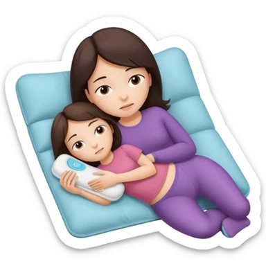  a brunette girl lying down on her side, holding a warm heating pad against her lower belly. She's uncomfortable and sad, her posture should show she’s having menstrual cramps. Use simple lines, rounded shapes, soft colors, and a clean emoji aesthetic. Make it expressive but still adorable sticker