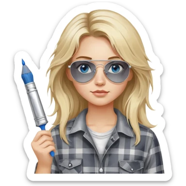 girl with long blond messy hair, wearing grey plaid shirt with blue eyes and aviator sunglasses wearing a ring on her silver necklace, holding a paint brush roller with a small bit of white paint on her face sticker