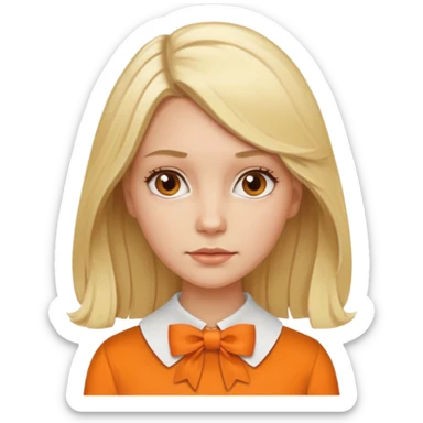 longer blond hair not smiling woman with orange blouse bow collar sticker