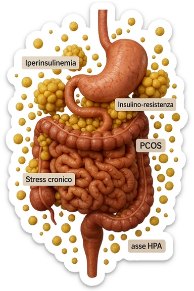 STOMACO E INTESTINO SONO VERTICALMENTE COLLEGATI E INTORNO A QUESTI ORGANI CI SONO CELLULE DI GRASSO GIALLE ATTACCATE SOPRA A GRAPPOLI, intorno fluttuano cellule di grasso giallo e alcune targhette con queste parole "Iperinsulinemia", "insulino-resistenza", "PCOS", "Stress cronico", "asse HPA", FALLO REALISTICO, NON DISEGNATO, IPERREALISTICO 4K sticker