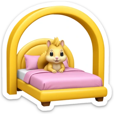 The features a bed themed as a large, cheerful, yellow squirrel. The squirrel's head forms an archway over the bed, with large black eyes, a small pink nose, and prominent white cheeks. The bed frame and arch are bright yellow with integrated yellow LED lighting running along the curves.  sticker