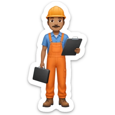Indian male railway engineer orange overalls, boots holding a clipboard back view sticker