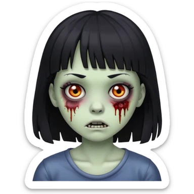 Make a zombie girl with black eyes and black hair with bangs sticker