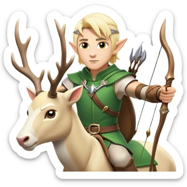 clash-of-clans-aesthetic-blond-male elf-archer-portrait-emoji, rendered in a flat, vector-style with minimal shading and bold, simplified shapes, head tilted slightly forward with a determined, focused expression, riding a majestic white stag whose antlers glow with mystical energy, set against an ancient, enchanted forest backdrop. sticker
