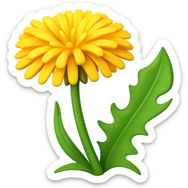 Create a 3D illustration of a dandelion in the style of iOS Apple emoji, featuring a voluminous yellow flower and a green leaf, on a transparent square background. The style should mimic the Apple emoji look with a 3D effect and vibrant colors. sticker