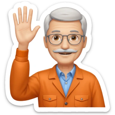 60 yr man with partially gray hair, mustache, light glasses, work clotheswaving hello sticker