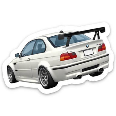 

A white BMW M3 E46, seen from behind at a certain angle, is drifting through a corner; the wheels are not straight, they are changing according to the rotation of the drift. sticker