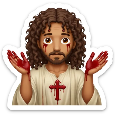 African American Jesus Christ with nail holes in his hands with blood sticker