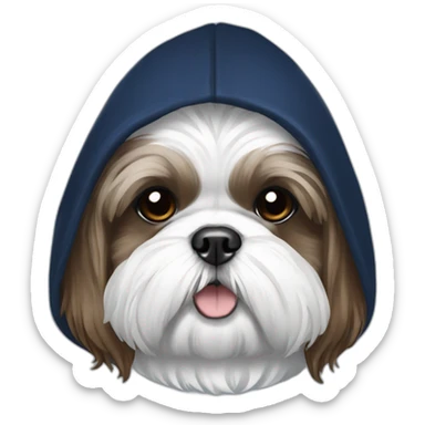 White and brown Shih tzu in navy blue coat with hood sticker
