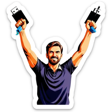 Man holding both arms in the air and holding an electrical cable sticker