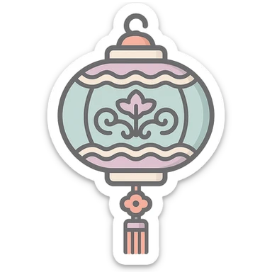 Chinese lantern like the reference with an interesting ornament and decorative elements, in icon-color-outlined style. Not minimalist, no floral decor, detailed shadows and highlights, thin clean contours, soft rounded shapes, pastel palette #98B5BC, #B5B3C1, #C9A3C9, #E4C0CA, #F7DCD1, #F7C0AA. Modern Japanese pop art and sticker aesthetics, high detail, vector sharpness, soft lighting, transparent background. sticker