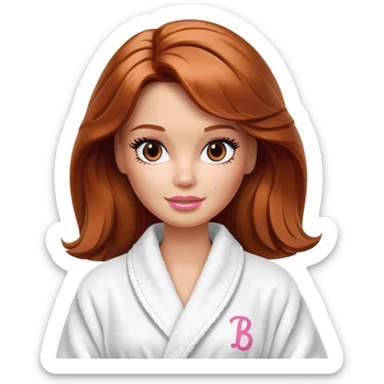 Barbie's face with shoulder-length reddish-brown hair, makeup, cream smeared on her face , in a bathrobe with sticker