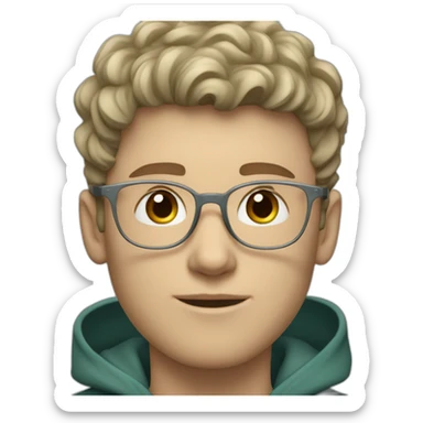 young white guy with wavy hair and a fade in light brown color and round silver color glasses with a grey hoodie on and blue green eyes sticker