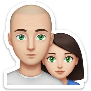Man with blue eyes and shaved head, holding woman with green eyes and long dark brown hair sticker