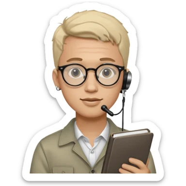 A man in his 20s wearing an apnotebook, wearing radio earrings, round glasses, achromatic clothes sticker