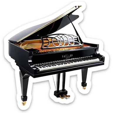 Create an elegant and detailed emoji representing the Seiler 278 Konzert grand piano. The design should feature the grand piano's polished black body with shiny, reflective surfaces, capturing its high-quality craftsmanship. The black and white keys should be clearly visible, with the curved shape of the grand piano’s body and lid, which can be slightly open. Add visible details like the pedal system, the intricate wood finish on the frame, and the elegant legs of the piano. The musical notes should float around the piano, evoking the sound of a professional concert instrument. Use deep black, white, and gold tones to highlight its luxurious appearance. The background should be transparent. sticker
