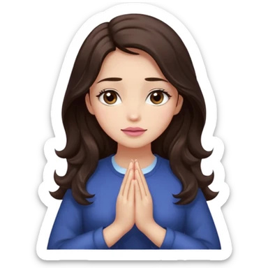 girl with wavy long glamorous dark brown hair, brown eyes, light to medium complexion, long lashes, almond shaped eyes, light pink lipstick, square shaped face. praying sticker