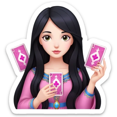long black hair girl with pink tarot cards sticker