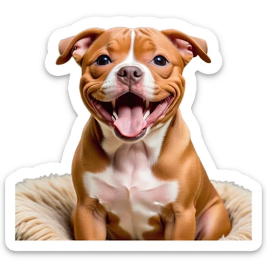 Cinematic Cute Yawning Red/Fawn Staffordshire Bull Terrier Portrait Emoji, Head tilted slightly with a dramatic, wide-open yawn, showcasing a smooth red/fawn Fur with crisp white accents, floppy ears slightly drooping, round dark eyes barely open in drowsy contentment, Simplified yet irresistibly adorable features, highly detailed, glowing with a soft, cozy glow, high shine, relaxed yet expressive, stylized with a touch of whimsy, bright and endearing, soft glowing outline, capturing the essence of a sleepy yet affectionate guardian, so drowsy it feels like it could stretch right out of the screen and curl up for a nap! sticker